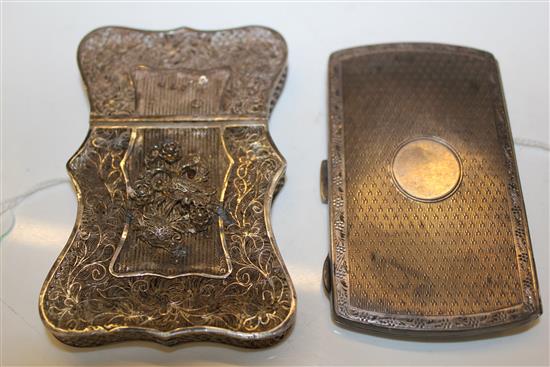 Chinese Export shaped filigree silver card case, relief floral decoration & an engine-turned silver card case